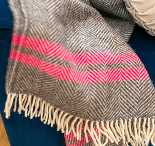 Two Stripe Pink and Slate Wool Blanket