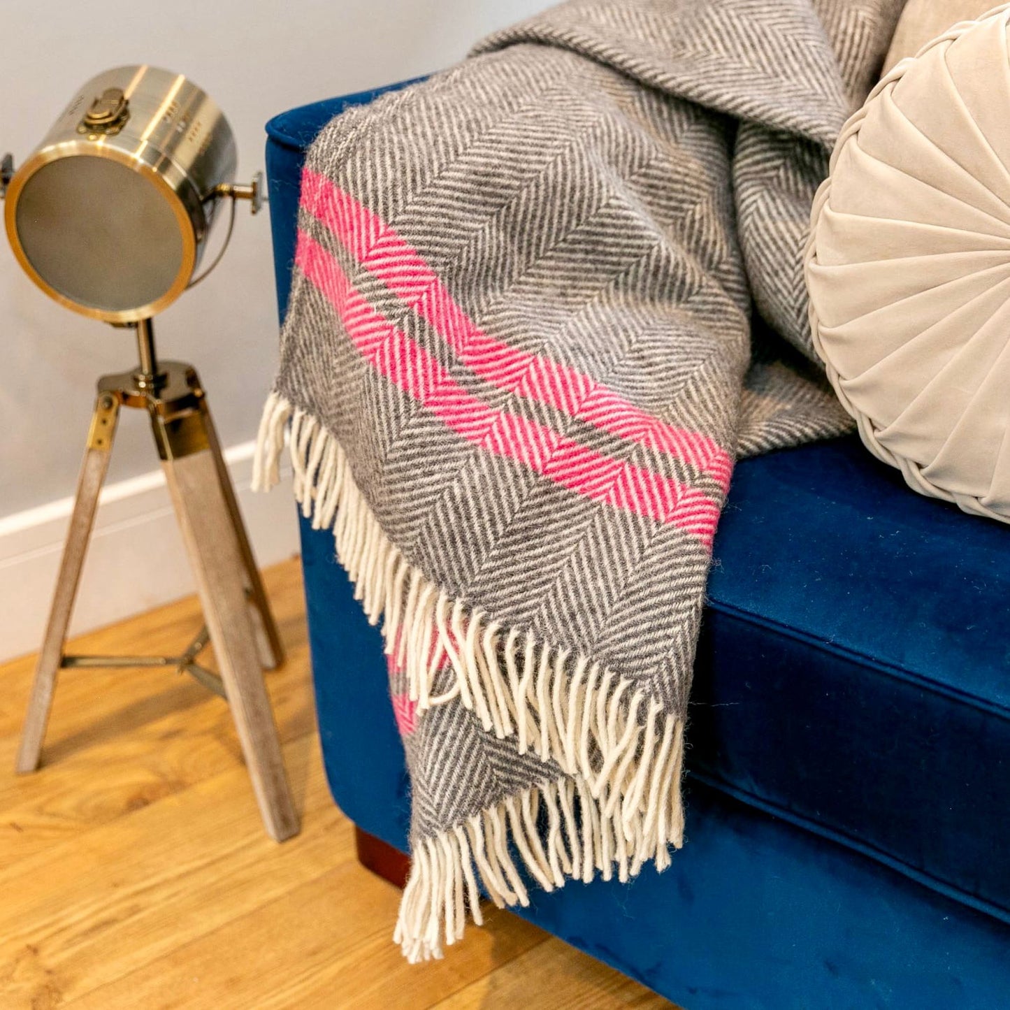 Two Stripe Pink and Slate Wool Blanket